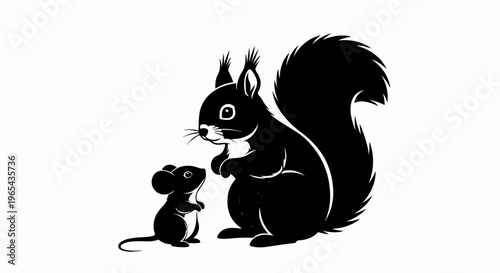 A small mouse looks up at a large squirrel, both are black silhouettes