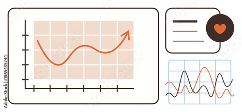Business performance, market analysis, data tracking, health metrics, financial growth, trends overview. Charts with upward and fluctuating lines next to symbolic elements. Business performance