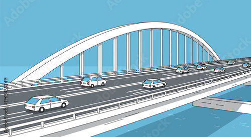 Modern highway bridge, arched road overpass, multi-lane freeway, urban infrastructure