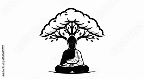 A black and white illustration of a Buddha figure meditating under a stylized tree
