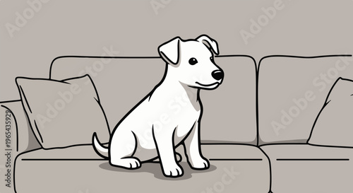 A cute white dog sits attentively on a couch