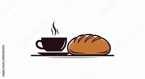 A dark cup of steaming coffee sits beside a golden loaf of bread on a plate