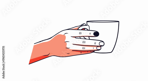 A hand with coral shading holds a simple white cup with black outline