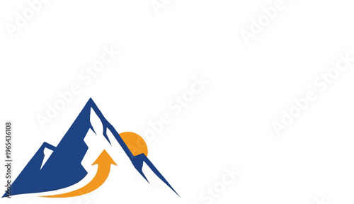 Blue mountain peak with sun and upward orange arrow