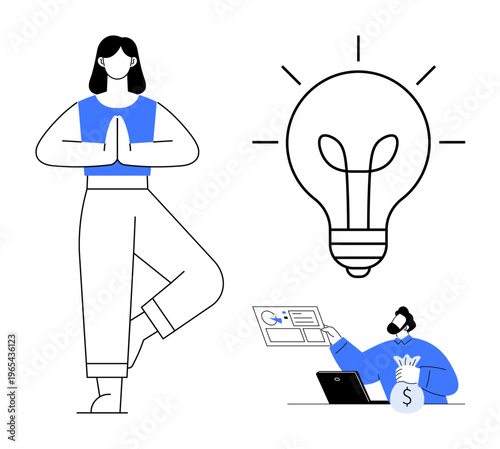 Creativity, mindfulness, financial planning, business growth, lifestyle balance, innovation. Woman in yoga pose, light bulb man with laptop and money. Creativity and mindfulness concepts