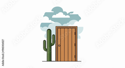 A solitary desert cactus stands beside a rustic wooden door under a cloudy sky
