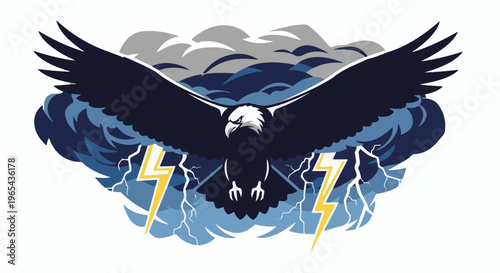 Fierce eagle with spread wings amid a stormy sky with lightning