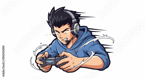 Fierce gamer boy with glowing eyes and headset playing video games