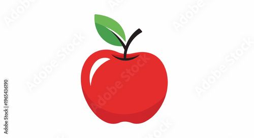 Bright red apple with green leaf and black stem on white background