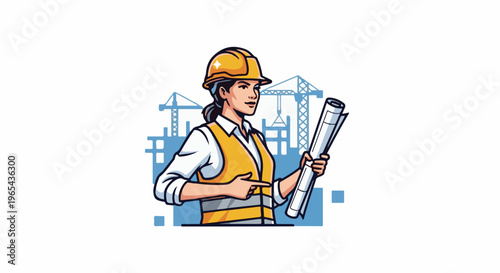 Female architect in hard hat and vest holding blueprints at construction site