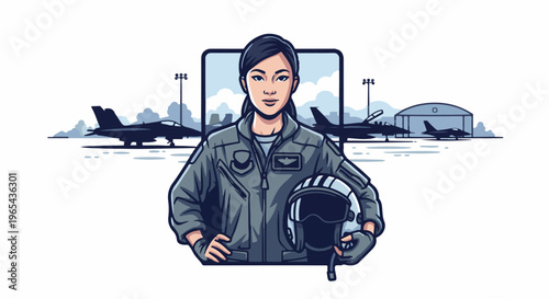 Female aviator holding helmet on tarmac with fighter jets and hangar