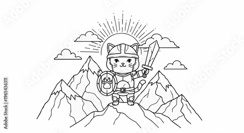 Warrior cat in armor on mountaintop with sun and clouds
