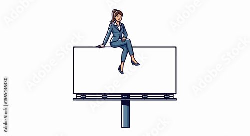 Woman in business suit sitting atop a blank billboard