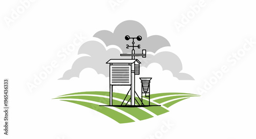 Weather station with anemometer and rain gauge on green fields under clouds