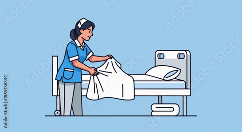 Female caregiver arranges sheets on a hospital bed
