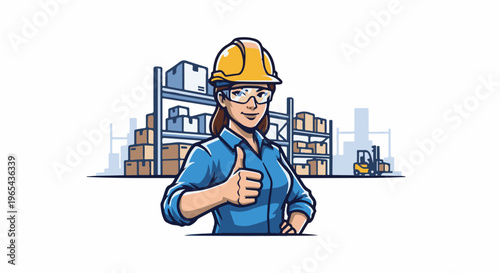 Female worker in hard hat and safety glasses gives thumbs up in warehouse