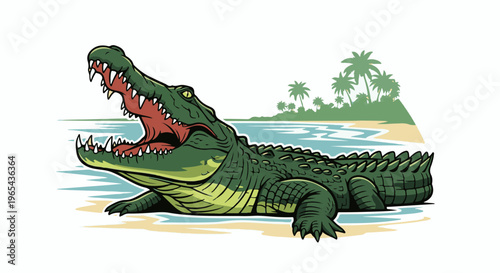 Ferocious alligator with mouth agape on a tropical beach with palm trees