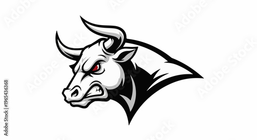 Ferocious bull head with sharp horns, snarling, and red eyes