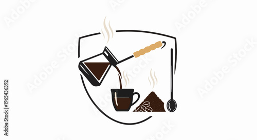 A traditional coffee pot pours dark liquid into a mug beside beans and grounds