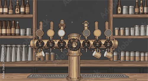 Festive beer taps adorned with wreaths and fairy lights in a bar