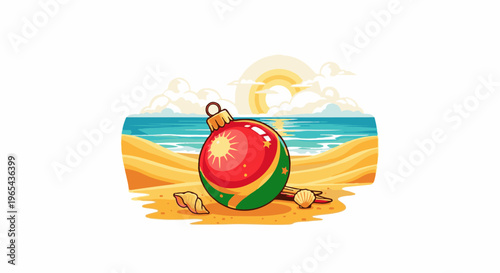 Festive bauble rests on a sunny beach with ocean waves and sky