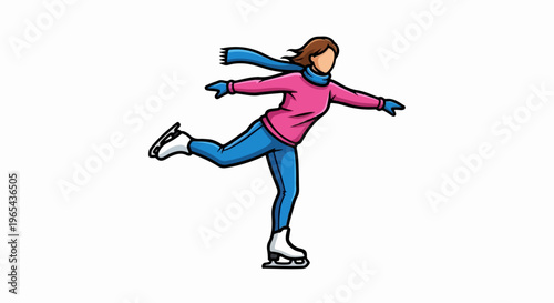 A cartoon figure skater glides on ice wearing a pink top, blue pants, and scarf