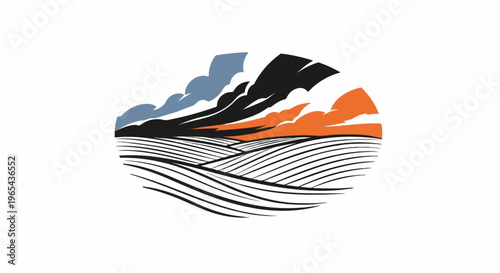 Stylized rolling fields under a dramatic, colorful sky