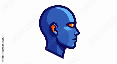 Stylized profile of a blue, bald head with glowing orange eyes