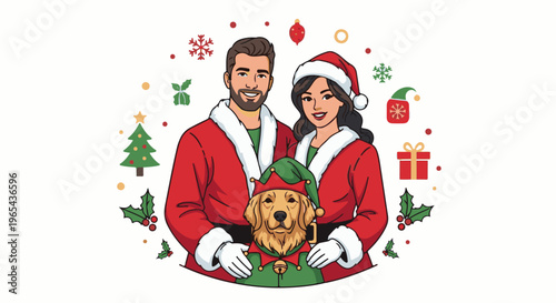 Festive family portrait with a golden retriever dog in an elf outfit