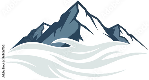 Stylized mountain peaks emerging from soft, wavy clouds or mist