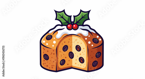 Festive iced fruitcake with holly and berries, cartoon style
