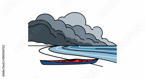 A red kayak rests on shore as dark storm clouds gather over blue water