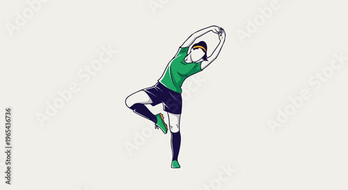 A person in athletic gear balances on one leg, arms overhead