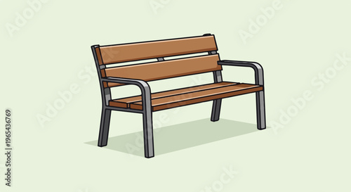 A simple brown wooden park bench with gray metal legs and armrests