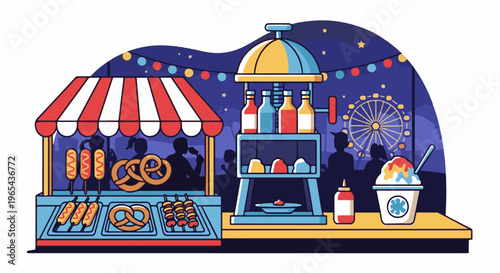 Festive night carnival with food stalls and Ferris wheel