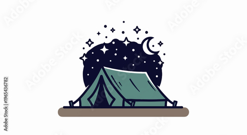 A simplistic illustration of a tent set up under a starry night sky with a crescent moon