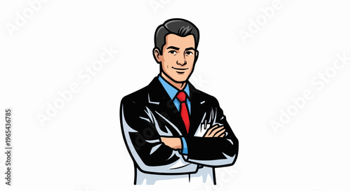 A smiling man in a suit and tie stands with his arms crossed confidently