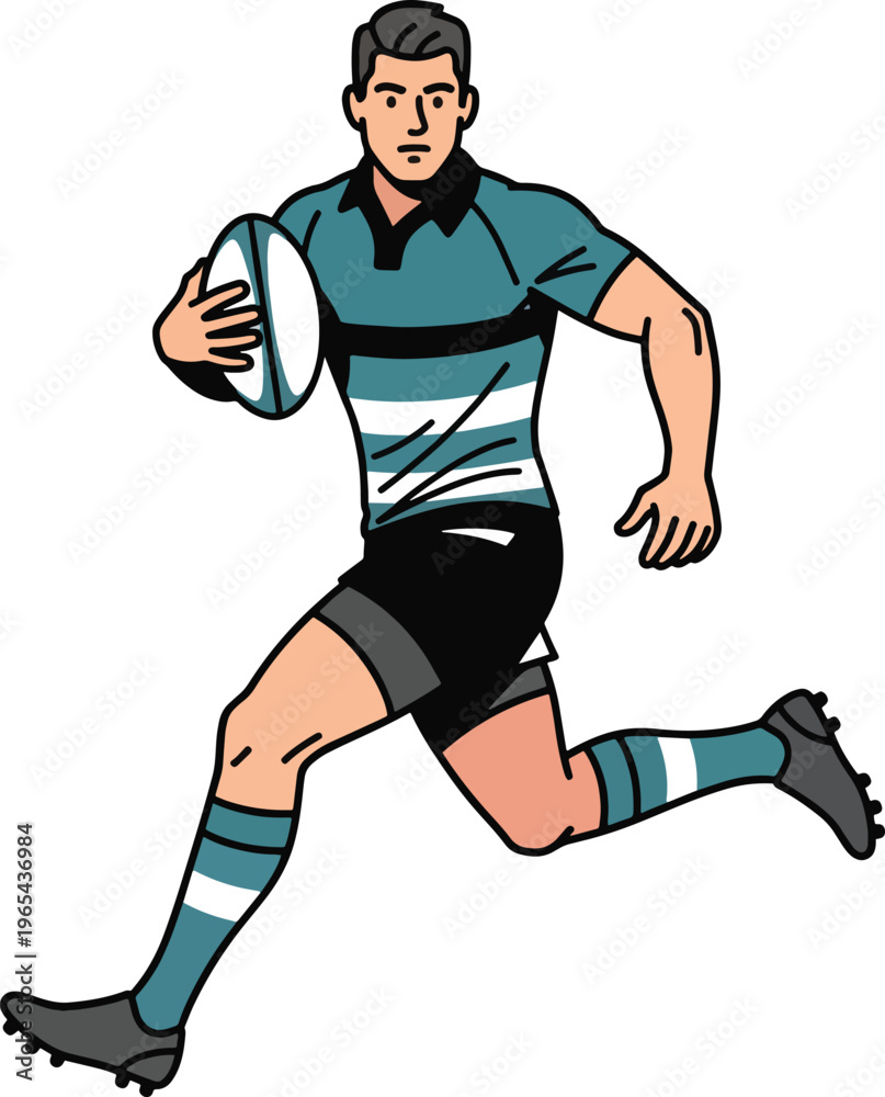 Obraz premium A male rugby player in a teal and white uniform runs with a rugby ball on a plain white background.