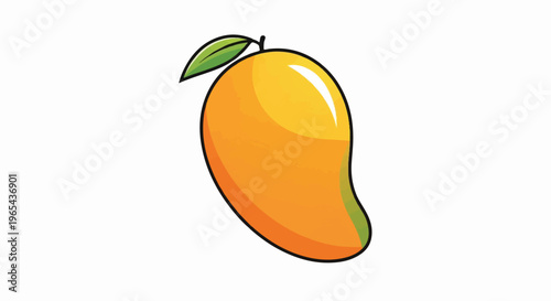 A vibrant, stylized mango with a single green leaf and a black outline
