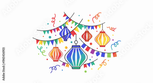 Festive string lights and lanterns with colorful confetti and streamers