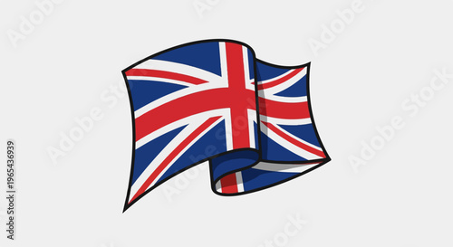 A waving United Kingdom flag with bold black outlines on a light gray background