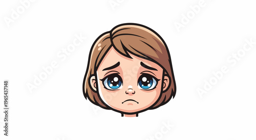 Cartoon depiction of a sad young girl's face with big blue eyes