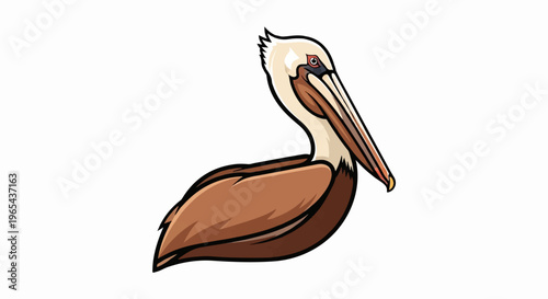 Cartoon illustration of a brown pelican with a long beak and white neck