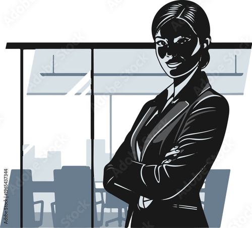 Confident professional woman in a suit with arms crossed in an office