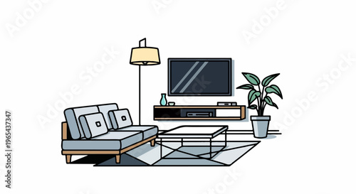 Cozy living room with couch, TV, coffee table, and plant