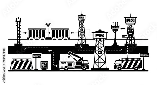 Secure Industrial Complex with Towers and Truck Surveillance System.