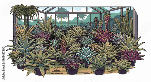 Diverse succulent plants thrive in a sunlit greenhouse environment