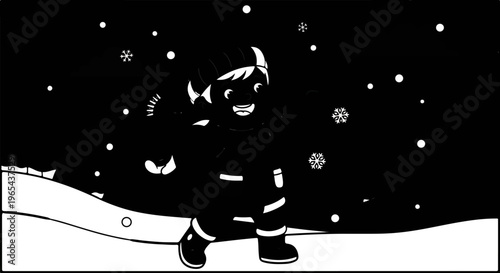 Cheerful child in winter snow, arms outstretched in delight