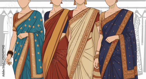 Diverse women showcase traditional Indian saris of various colors and patterns