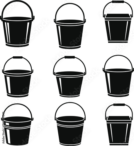 Black bucket icon set featuring various metal and plastic pail designs with handles isolated on white background for cleaning gardening and industrial use